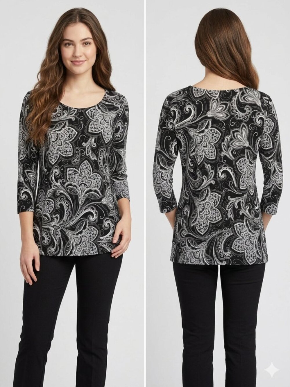 Ruby Rd. Women’s Medium Top Black White Paisley Floral 3/4 Sleeve Textured Knit